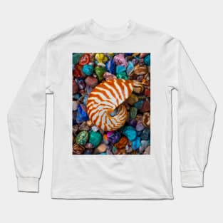 Natural Nautilus Shell On Colorful Stones Long Sleeve T-Shirt